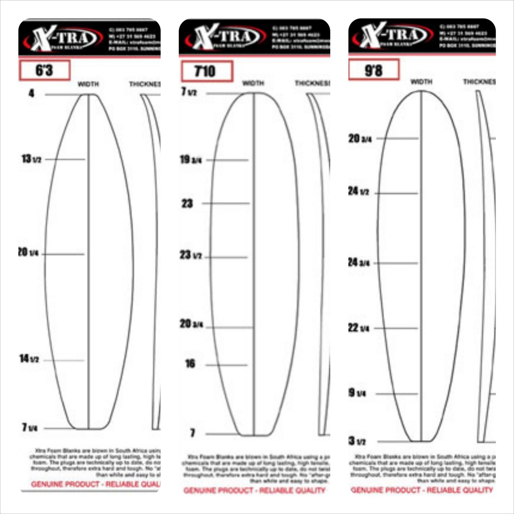 Xtra Foam Surf blank templates L-R: 6'3" shortboard, 7'10" minimal and 9'8" longboard