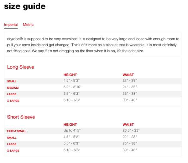 Dryrobe Size Chart