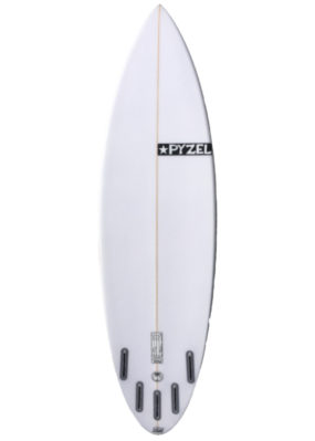 Pyzel Ghost surfboard bottom showing 5 fin set up