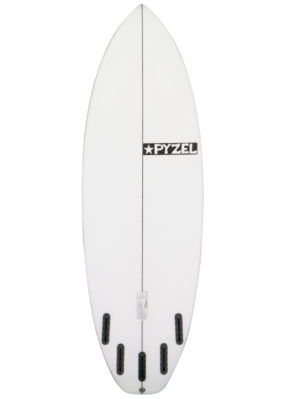 Pyzel Gremlin surfboard bottom showing 5 fin set up