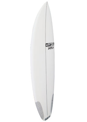 Pyzel Gremlin surfboard side view of rails