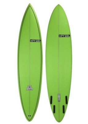 Pyzel Padillac gun 9ft in green showing deck and bottom