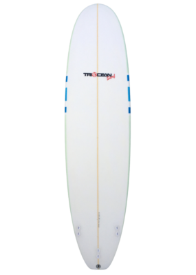 Triocean Minimal Surfboard 7'6 pale green dark blue stripes bottom
