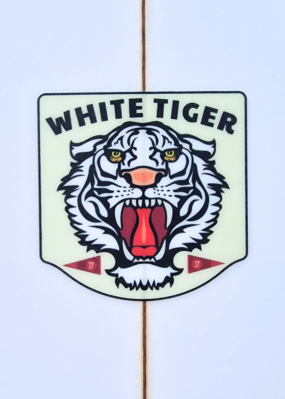 Pyzel White Tiger surfboards logo showing tiger roaring