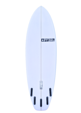 Pyzel White Tiger surfboard bottom showing 5 fin set up